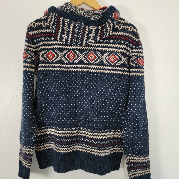 American Eagle Outfitters Blue Red Sweater Nordic Pattern Hooded Pullover XS - Picture 10 of 11